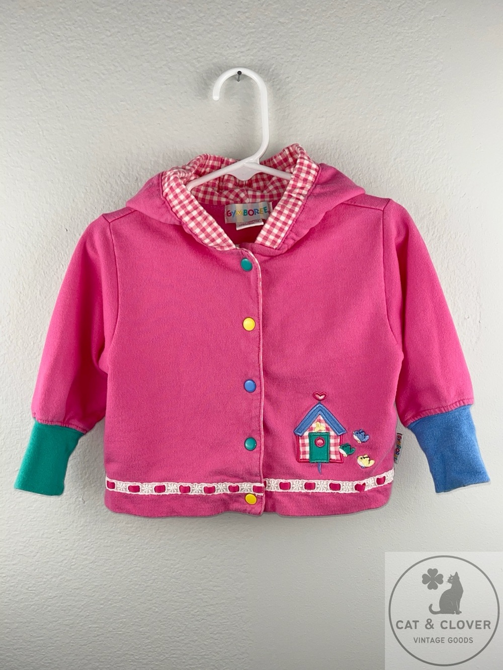 Gymboree 1995 Birdhouse Embroidered Gingham Pink Plaid Hooded Jacket Infant